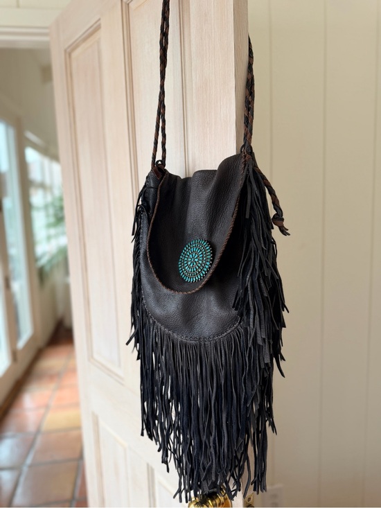 Handbags - Vintage Fringed Leather Crossbody Bag with Turquoise Concho